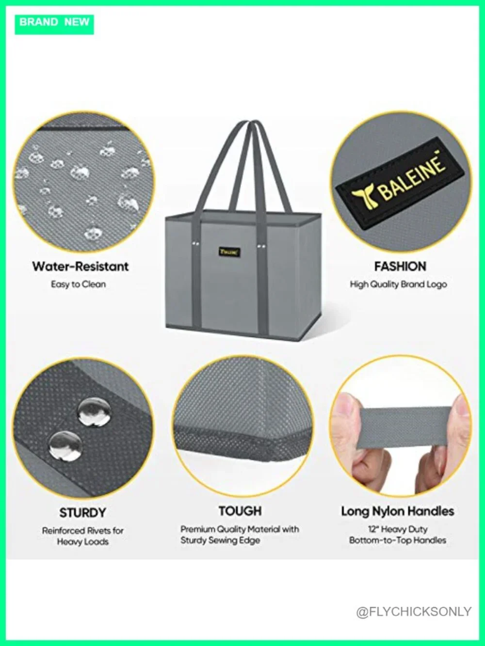 3pk Reusable Grocery Bags Foldable Shopping Totes Reinforced Bottom Handles